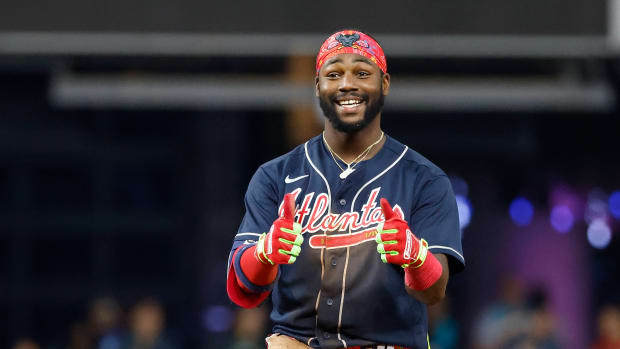 May 2, 2023; Miami, Florida, USA; Atlanta Braves center fielder Michael Harris II (23) reacts after doubling against the Miami Marlins during the eighth inning at loanDepot Park.